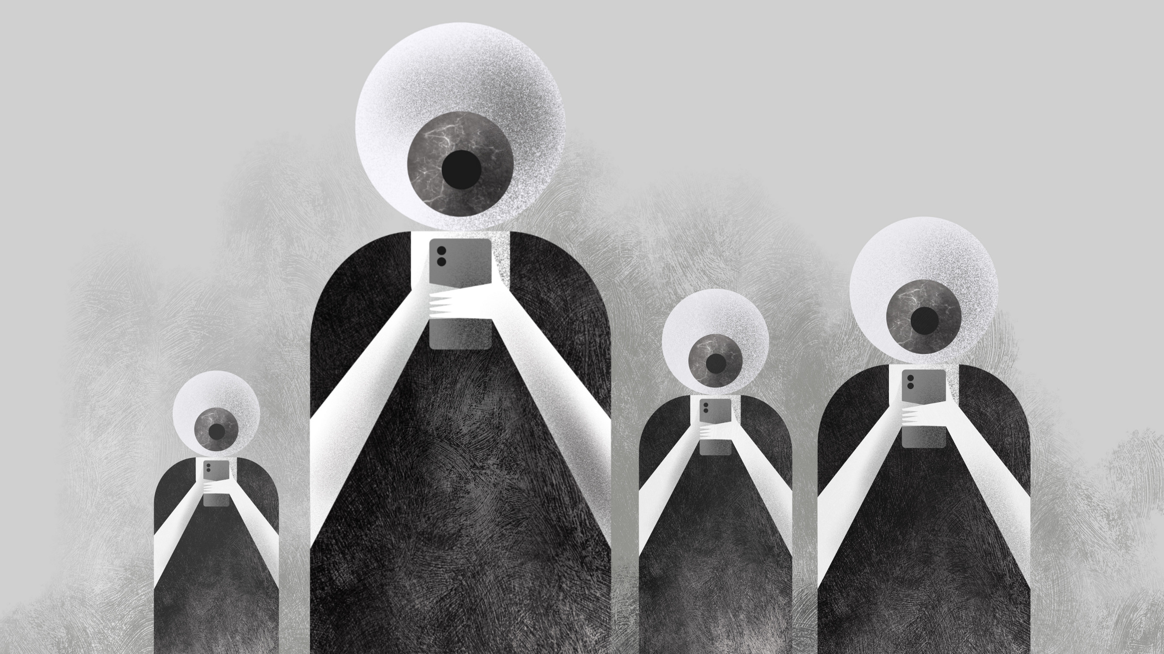 eyeballs as heads looking at mobile phones